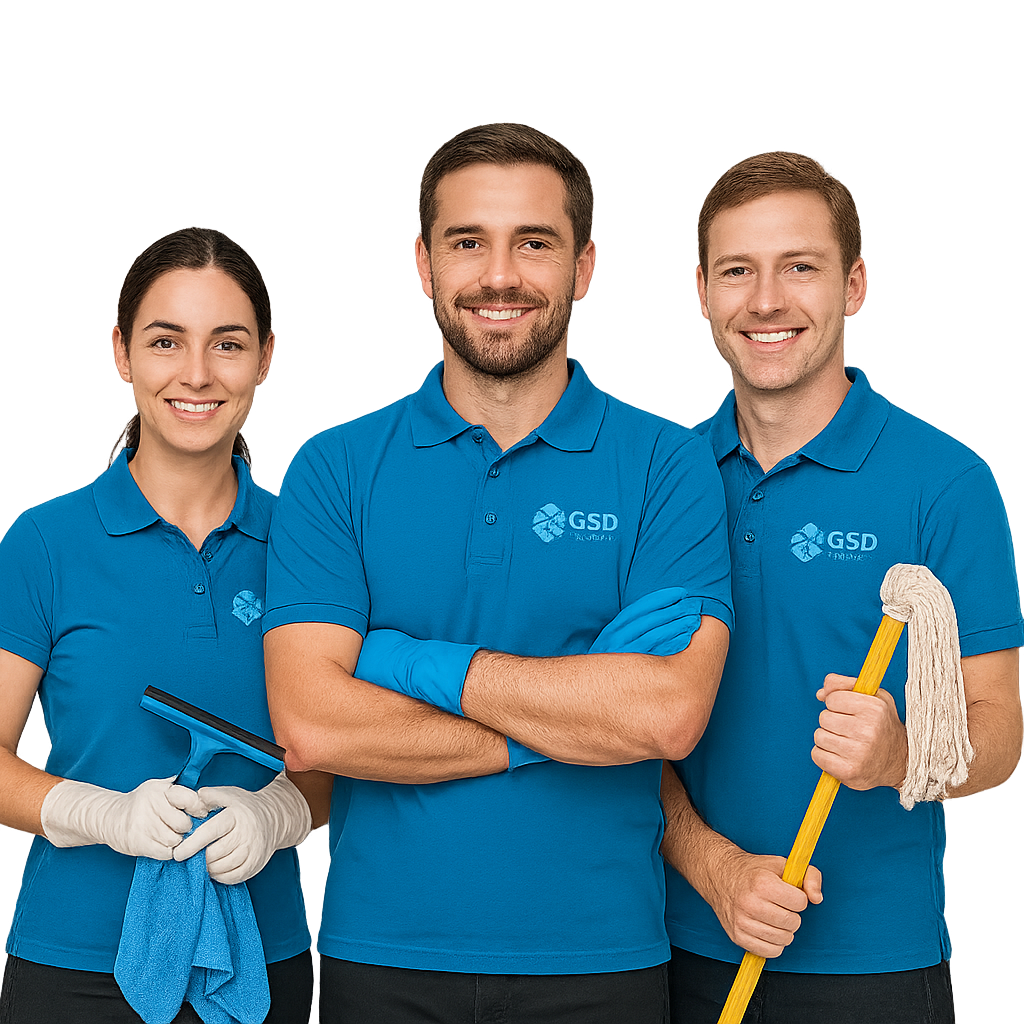 Drei professionelle Reinigungskräfte von GSD Dienstleistungen in blauen Firmenpolos mit Logo, ausgestattet mit Reinigungsutensilien wie Mop, Tuch und Fensterabzieher, vor neutralem Hintergrund