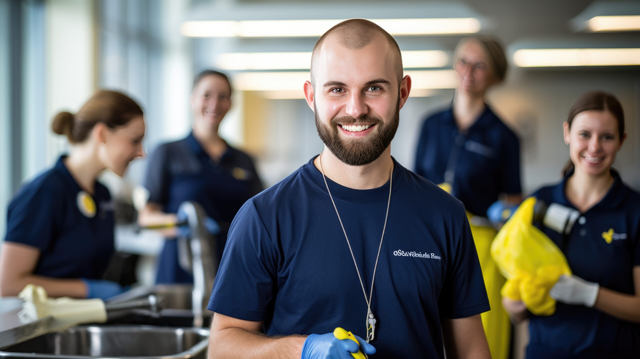 Smiling man in a cleaning service uniform with colleagues in the background, indicating a professional cleaning team at work.