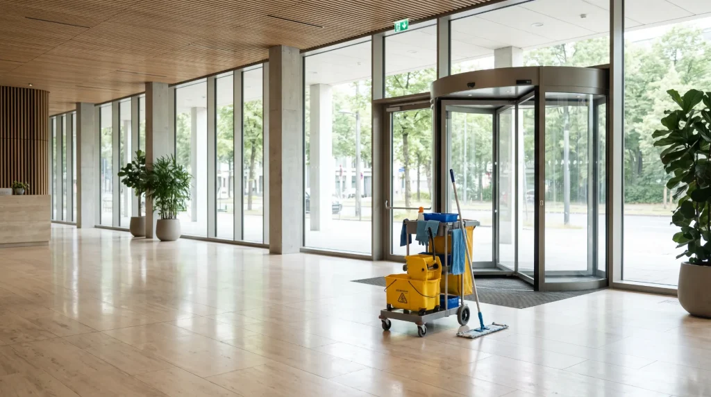 Gereinigtes Foyer eines Bürogebäudes in Berlin mit Reinigungswagen