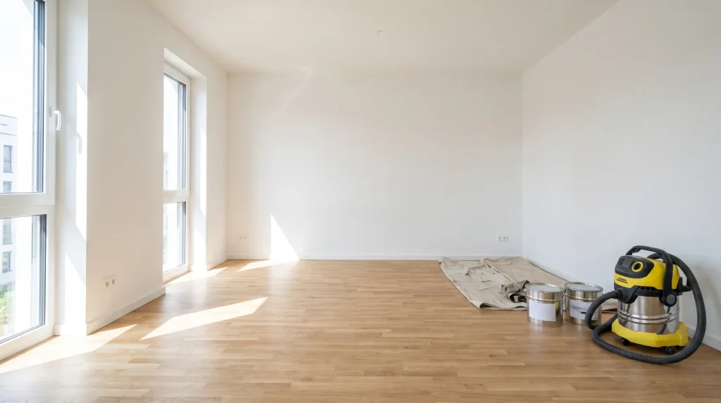Frisch renovierter Raum mit Nasssauger vor der Endreinigung