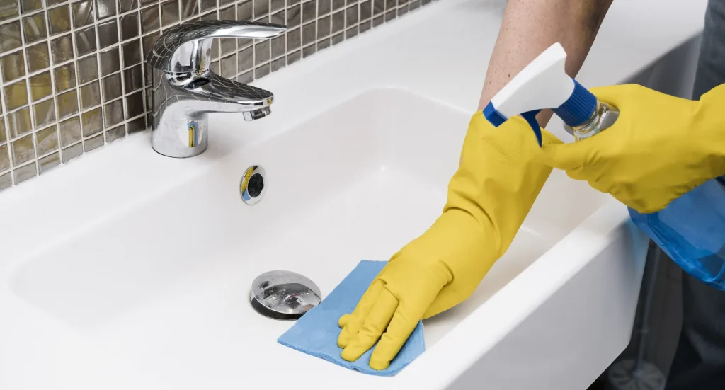 Reinigung eines Waschbeckens mit Handschuhen und Mikrofasertuch