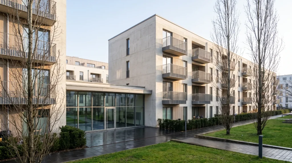 Moderne Wohnanlage in Berlin mit sauberem Eingangsbereich
