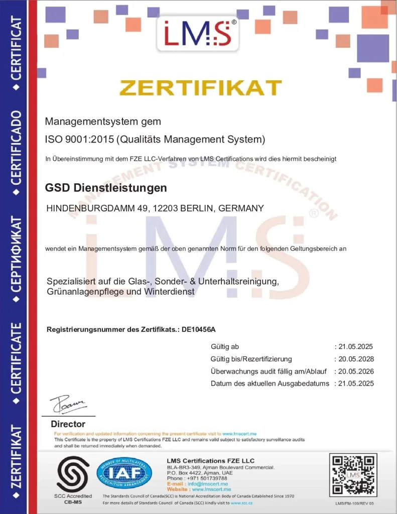 ISO 9001:2015 Zertifikat von GSD Dienstleistungen